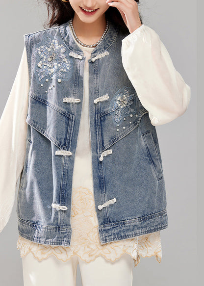 Loose Blue Nail Bead Button Pockets Denim Waistcoat Sleeveless Ac1020