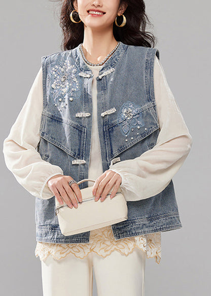 Loose Blue Nail Bead Button Pockets Denim Waistcoat Sleeveless Ac1020