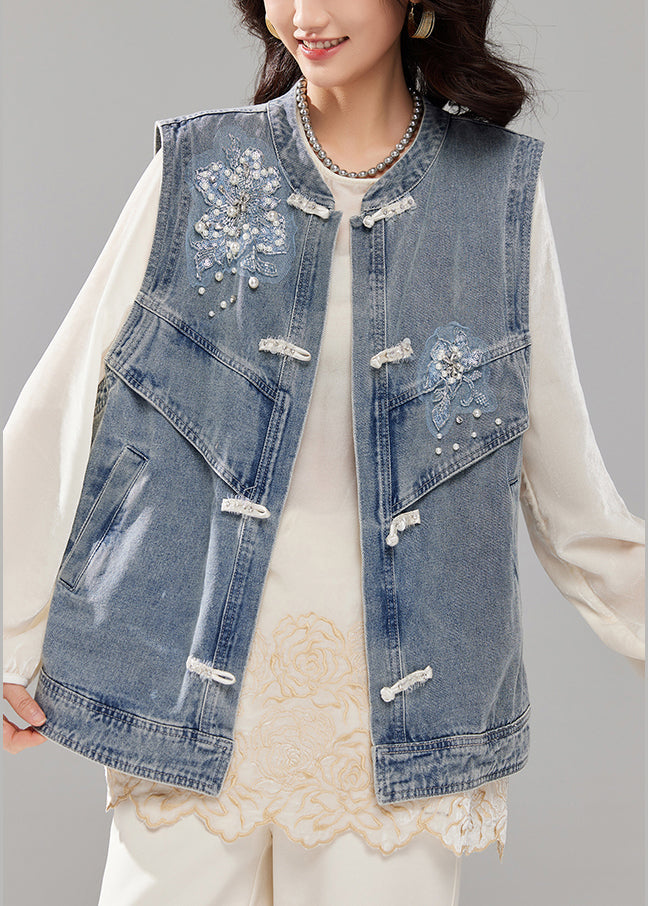 Loose Blue Nail Bead Button Pockets Denim Waistcoat Sleeveless Ac1020