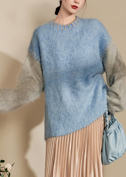 Loose Blue O-neck Patchwork Thick Cotton Knit Sweaters Winter Ry004