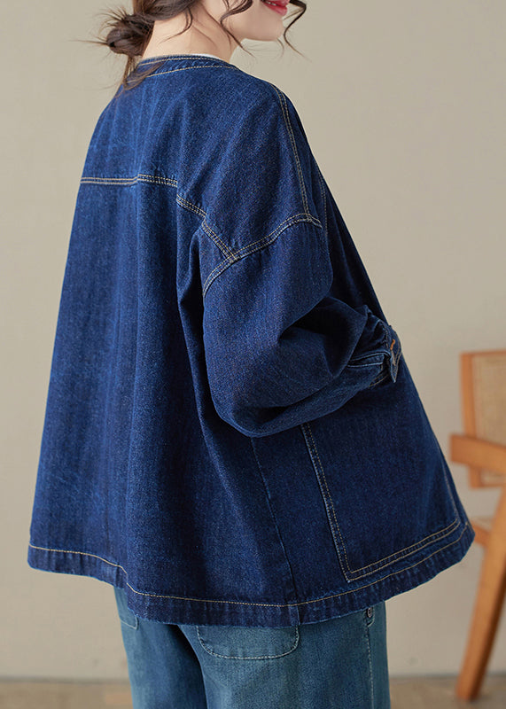 Loose Blue O-neck Pockets Patchwork Denim Coats Long Sleeve Uu047