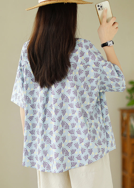 Loose Blue Peter Pan Collar Button Print Cotton Blouses Summer Gh1025