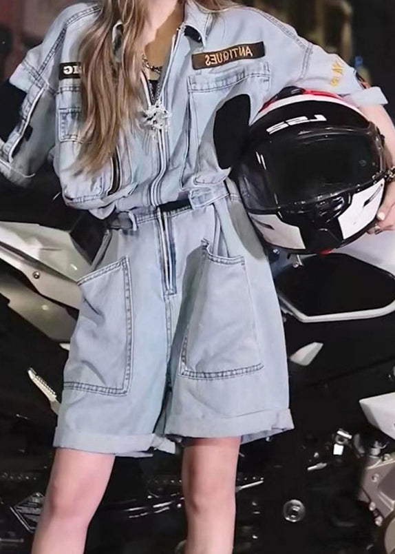 Loose Blue Peter Pan Collar Patchwork Pockets Denim Jumpsuit Summer Uu1010