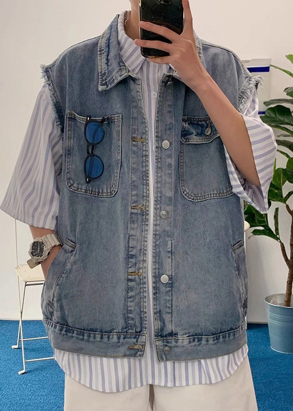 Waistcoat Blue Collar Pan Pockets Peter Loose Denim