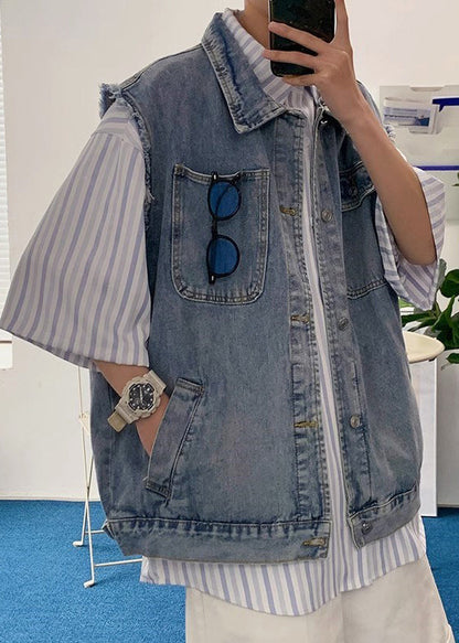 Waistcoat Blue Collar Pan Pockets Peter Loose Denim