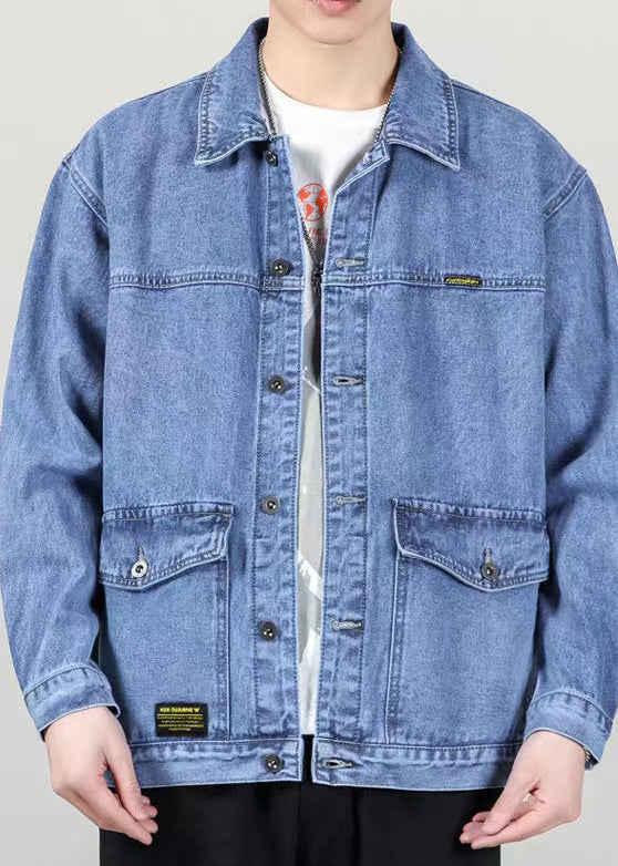Spring Denim Peter Collar Loose Blue Pockets Coats Pan