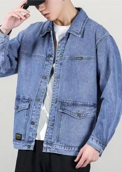 Spring Denim Peter Collar Loose Blue Pockets Coats Pan