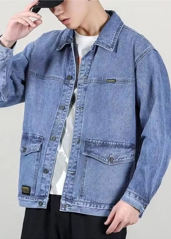Spring Denim Peter Collar Loose Blue Pockets Coats Pan