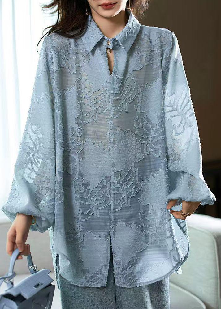 Loose Blue Peter Pan Collar Side Open Chiffon Blouse Fall Ab1044