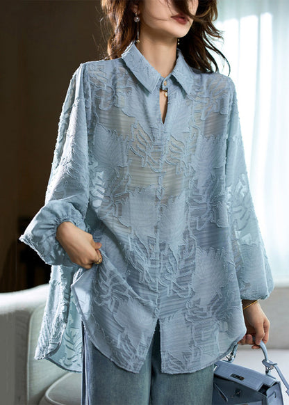 Loose Blue Peter Pan Collar Side Open Chiffon Blouse Fall Ab1044