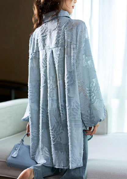 Loose Blue Peter Pan Collar Side Open Chiffon Blouse Fall Ab1044