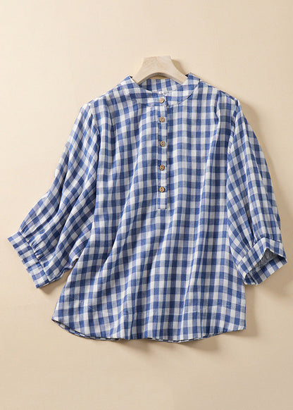 Loose Blue Plaid Stand Collar Cotton Blouses Bracelet Sleeve Am1061