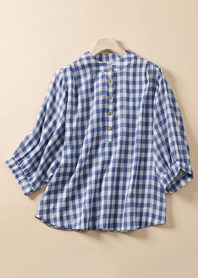 Loose Blue Plaid Stand Collar Cotton Blouses Bracelet Sleeve Am1061
