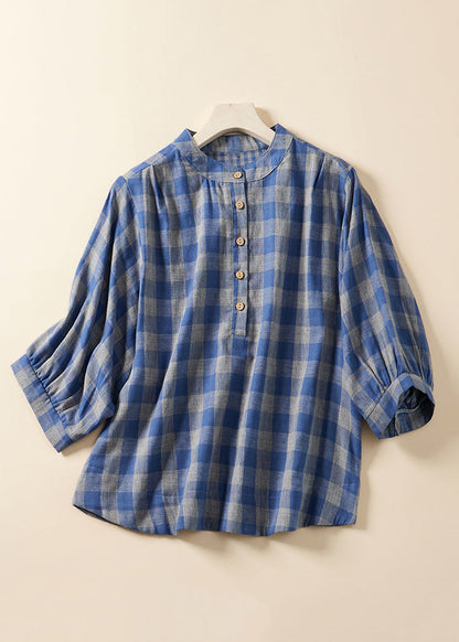 Loose Blue Plaid Stand Collar Cotton Blouses Bracelet Sleeve Am1061
