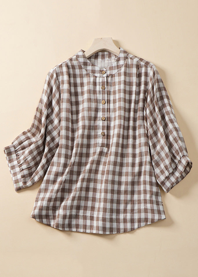 Loose Blue Plaid Stand Collar Cotton Blouses Bracelet Sleeve Am1061