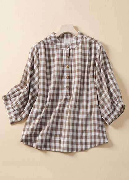 Loose Blue Plaid Stand Collar Cotton Blouses Bracelet Sleeve Am1061