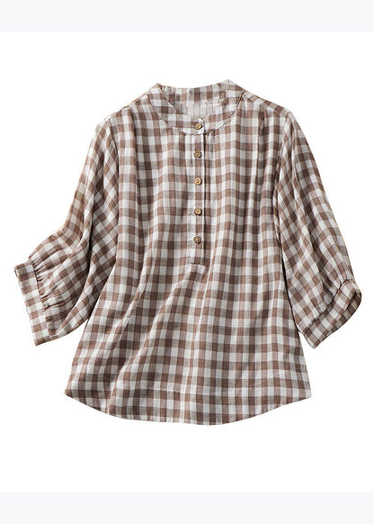 Loose Blue Plaid Stand Collar Cotton Blouses Bracelet Sleeve Am1061