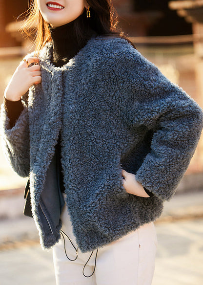Loose Blue Pockets Drawstring Teddy Faux Fur Coats Spring Tf046