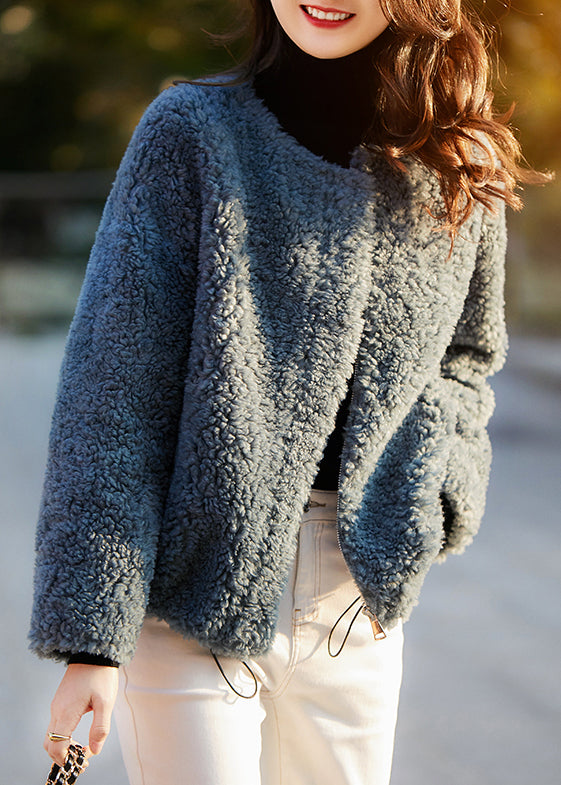 Loose Blue Pockets Drawstring Teddy Faux Fur Coats Spring Tf046