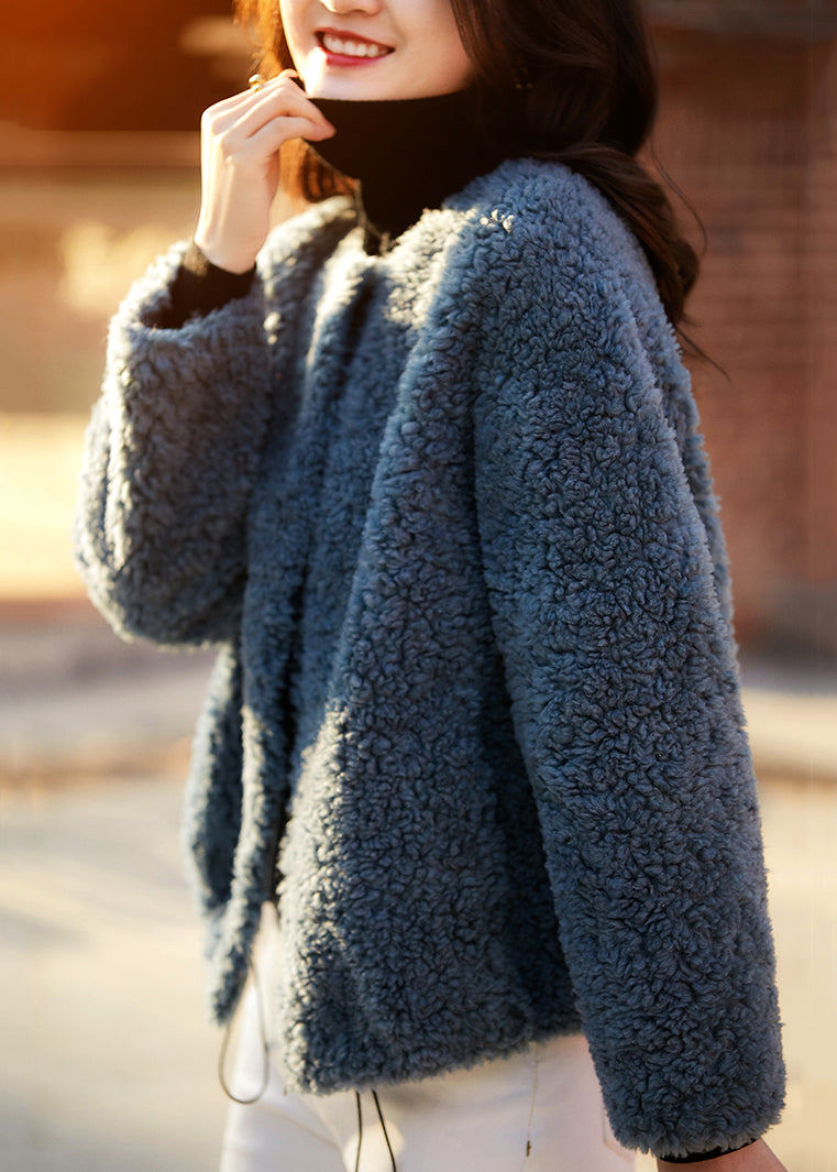 Loose Blue Pockets Drawstring Teddy Faux Fur Coats Spring Tf046