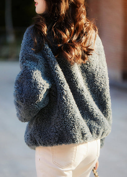 Loose Blue Pockets Drawstring Teddy Faux Fur Coats Spring Tf046