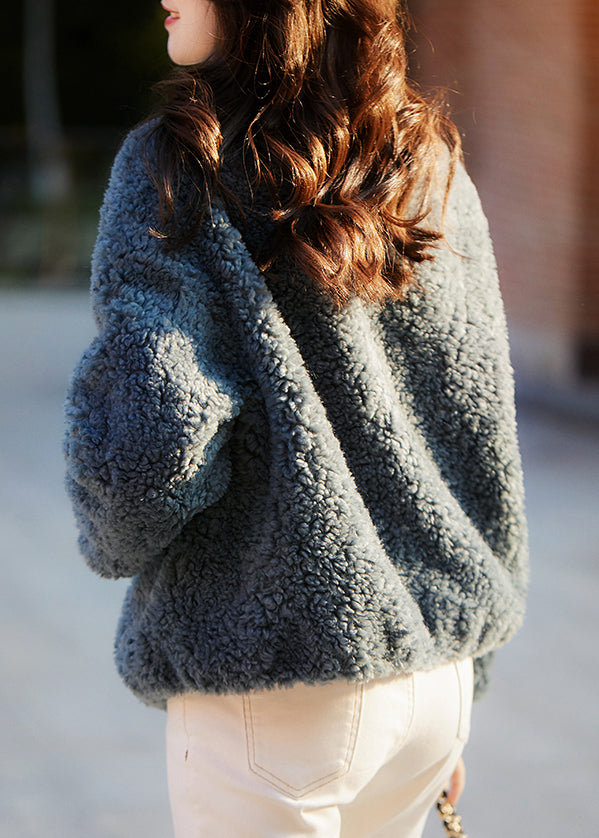 Loose Blue Pockets Drawstring Teddy Faux Fur Coats Spring Tf046