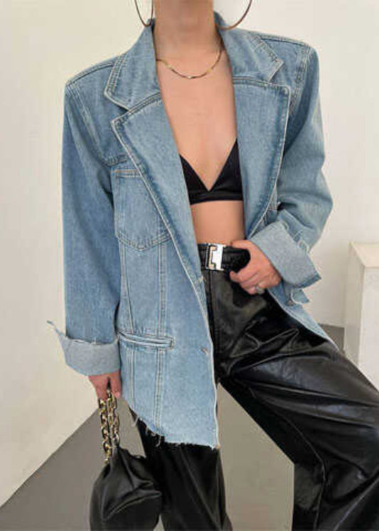 Loose Blue Pockets Notched Denim Coats Spring Rp014