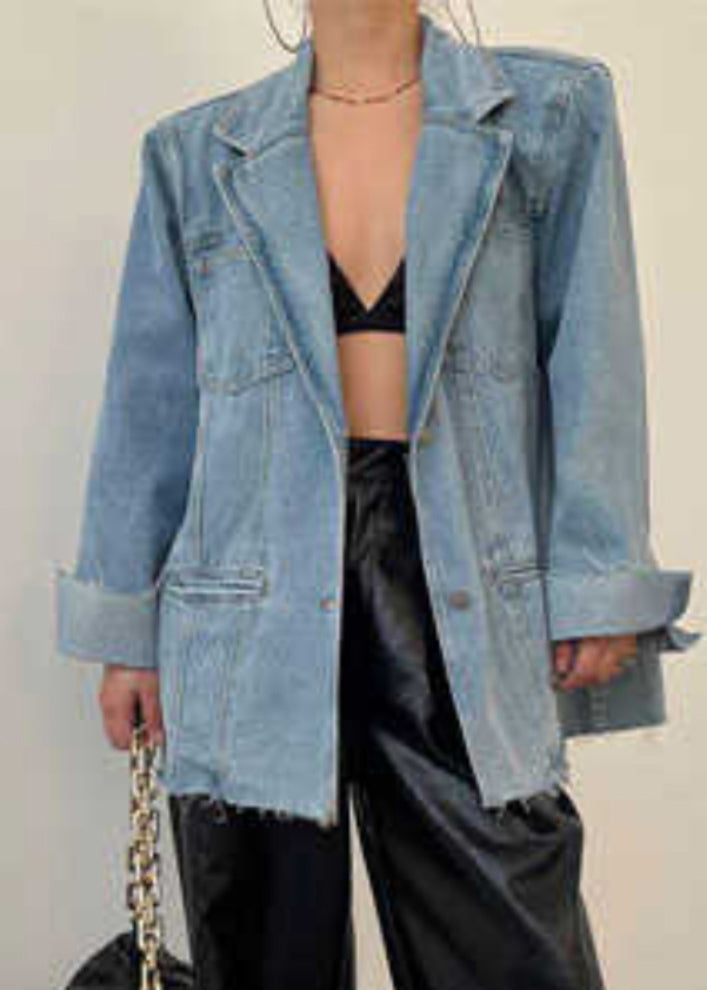 Loose Blue Pockets Notched Denim Coats Spring Rp014