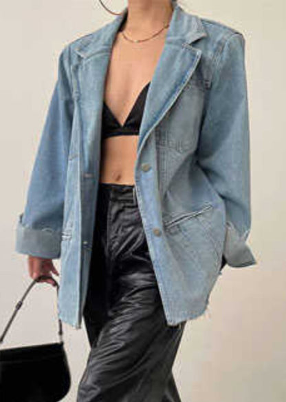 Loose Blue Pockets Notched Denim Coats Spring Rp014