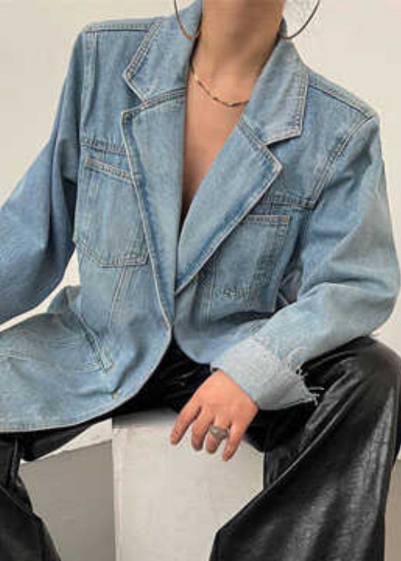 Loose Blue Pockets Notched Denim Coats Spring Rp014