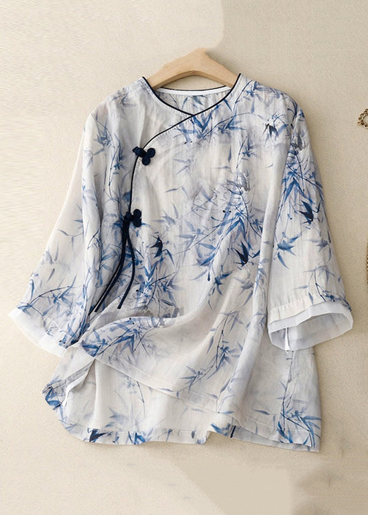 Loose Blue Print Chinese Button Linen Blouses Bracelet Sleeve Jh060