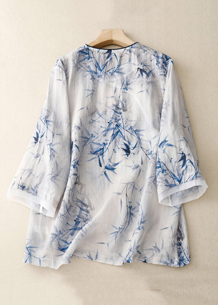 Loose Blue Print Chinese Button Linen Blouses Bracelet Sleeve Jh060