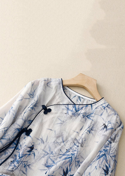 Loose Blue Print Chinese Button Linen Blouses Bracelet Sleeve Jh060