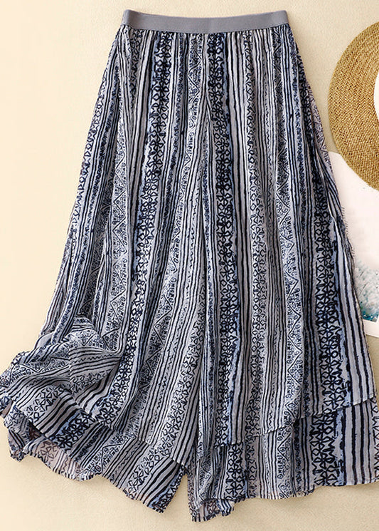 Loose Blue Print Elastic Waist Layered Silk Cotton Wide Leg Pants Vv046