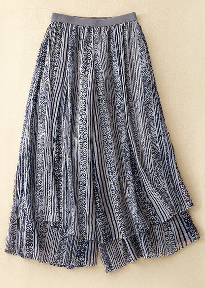 Loose Blue Print Elastic Waist Layered Silk Cotton Wide Leg Pants Vv046