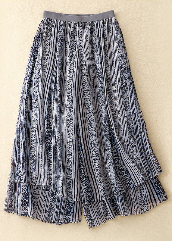 Loose Blue Print Elastic Waist Layered Silk Cotton Wide Leg Pants Vv046