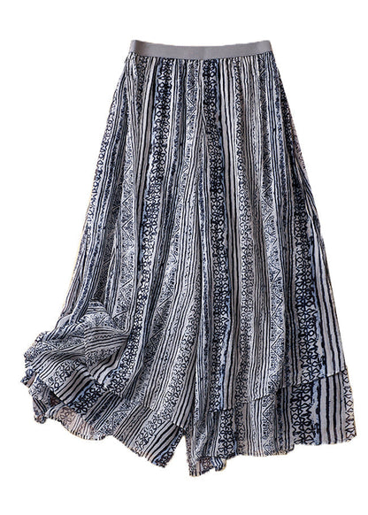 Loose Blue Print Elastic Waist Layered Silk Cotton Wide Leg Pants Vv046