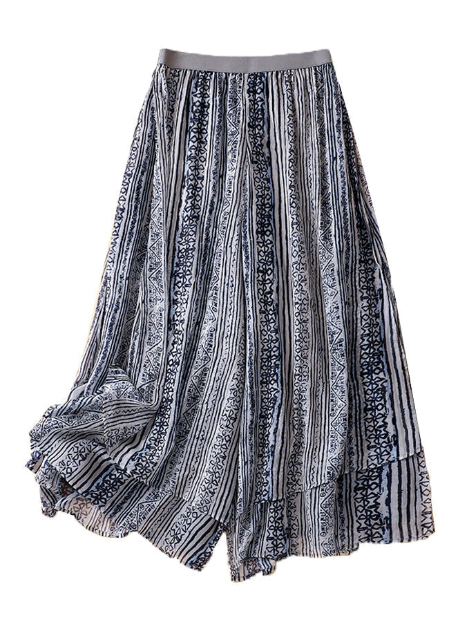 Loose Blue Print Elastic Waist Layered Silk Cotton Wide Leg Pants Vv046