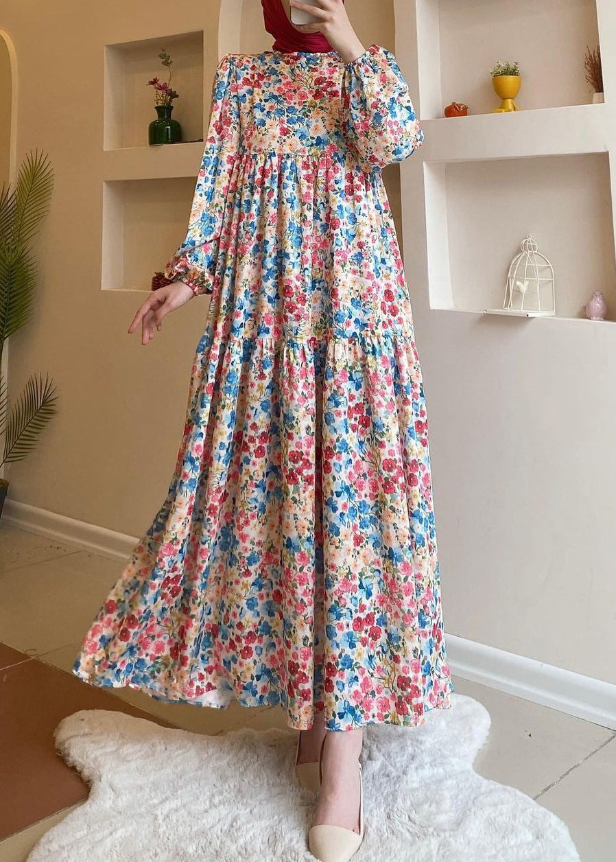 Loose Blue Print High Waist Cotton Long Dresses Spring Aa1011