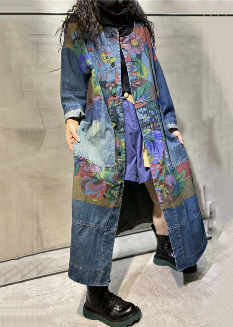 Loose Blue Print Pockets Denim Long Coat Long Sleeve Mn063