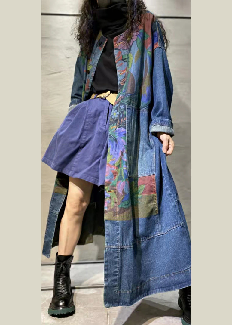 Loose Blue Print Pockets Denim Long Coat Long Sleeve Mn063