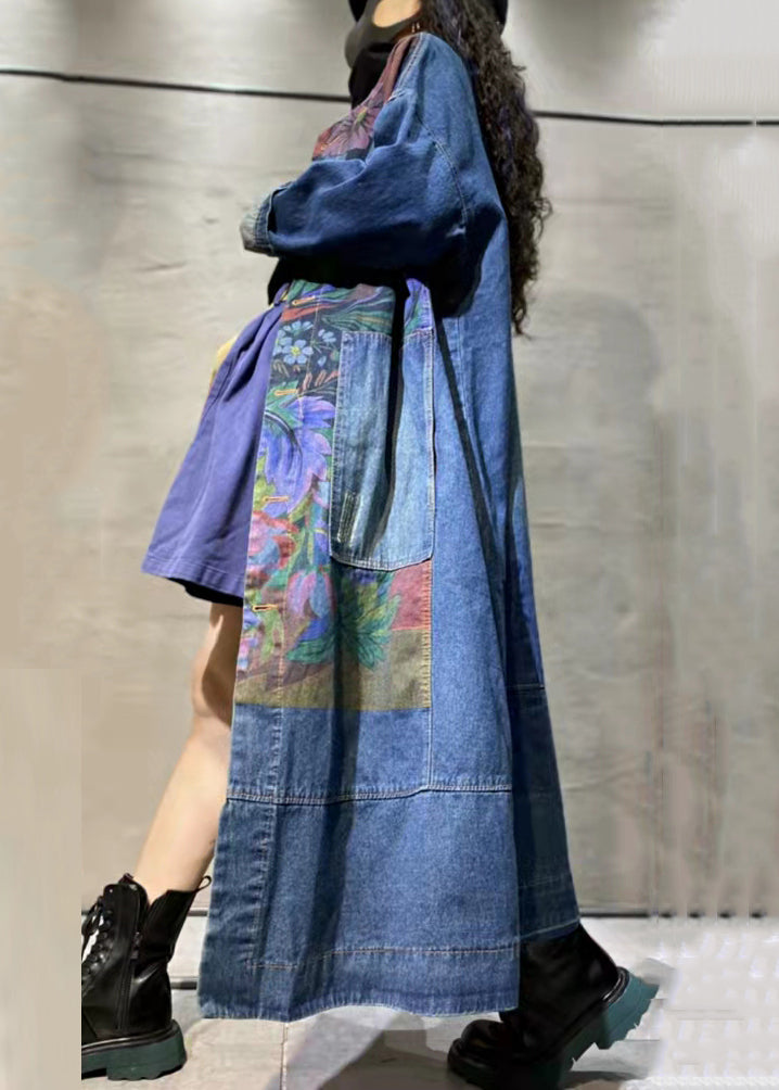 Loose Blue Print Pockets Denim Long Coat Long Sleeve Mn063