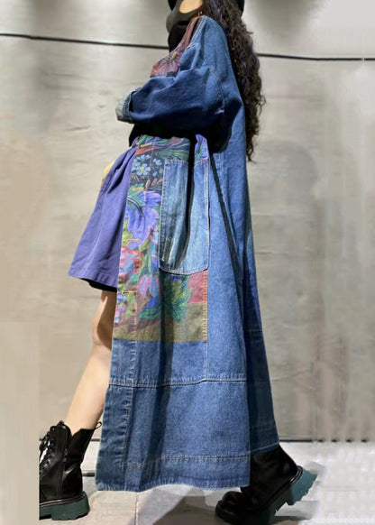 Loose Blue Print Pockets Denim Long Coat Long Sleeve Mn063
