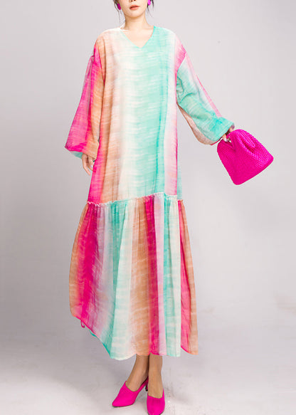 Loose Blue Purple Gradient Color Ruffled Patchwork Long Dresses Fall Ao1026