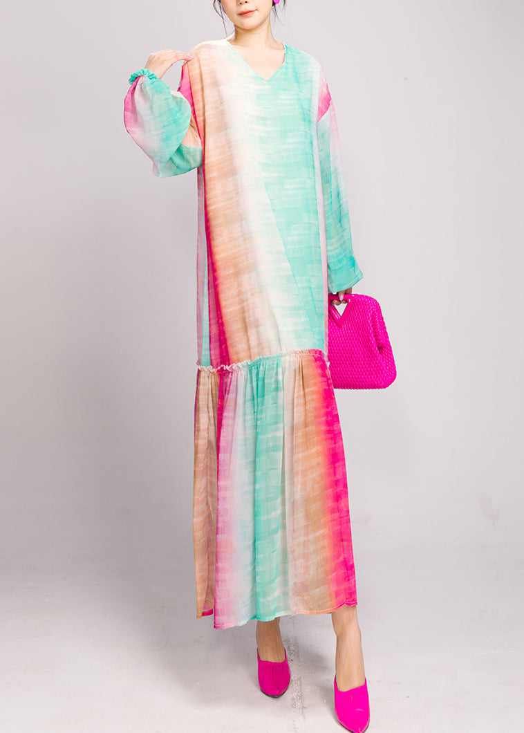 Loose Blue Purple Gradient Color Ruffled Patchwork Long Dresses Fall Ao1026