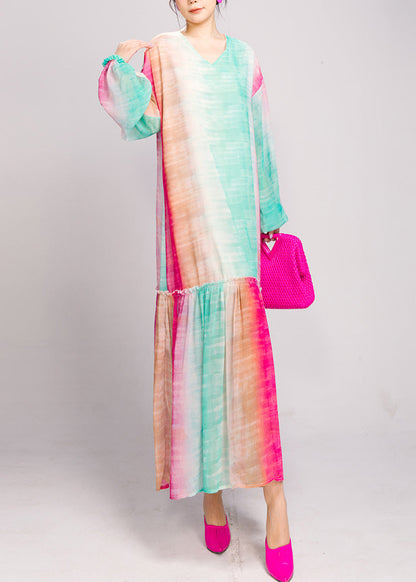 Loose Blue Purple Gradient Color Ruffled Patchwork Long Dresses Fall Ao1026