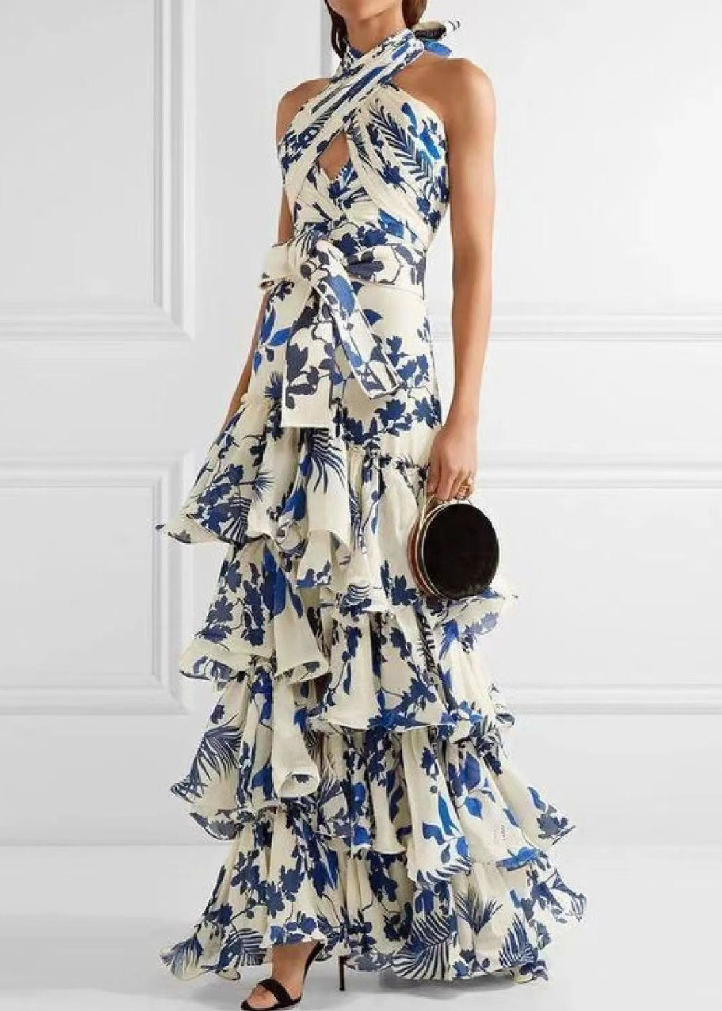 Loose Blue Ruffled Print Laxe Up Cotton Maxi Dress Sleeveless Bb038