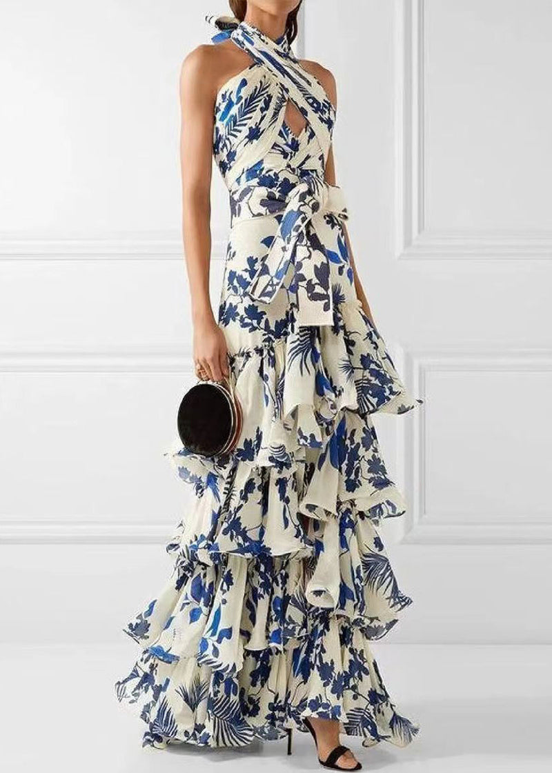 Loose Blue Ruffled Print Laxe Up Cotton Maxi Dress Sleeveless Bb038