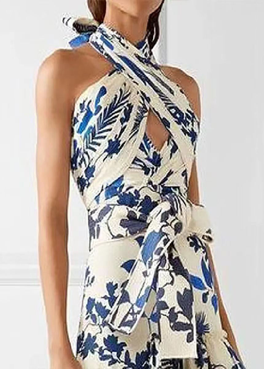 Loose Blue Ruffled Print Laxe Up Cotton Maxi Dress Sleeveless Bb038