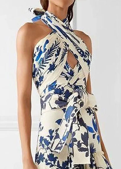 Loose Blue Ruffled Print Laxe Up Cotton Maxi Dress Sleeveless Bb038